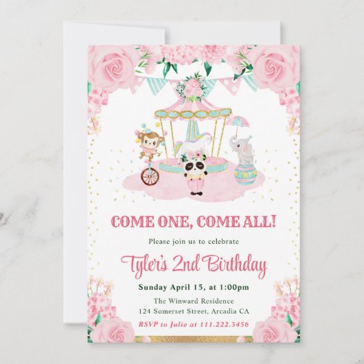 Waterverf Roze Bloemen Dieren Verjaardagsfeest Kaart (Voorkant)