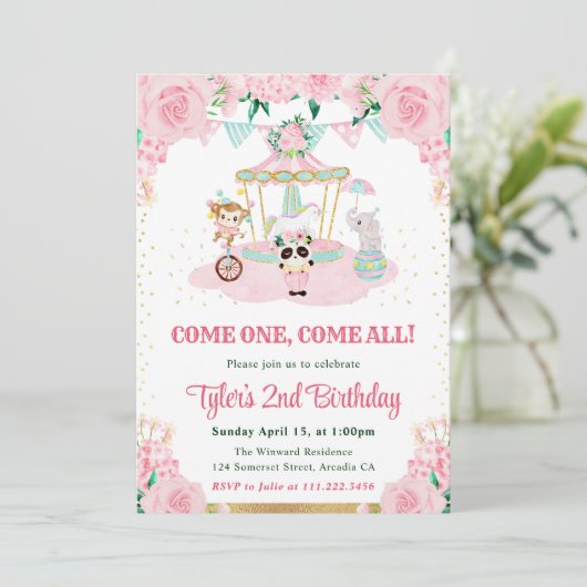 Waterverf Roze Bloemen Dieren Verjaardagsfeest Kaart (Staand voorkant)