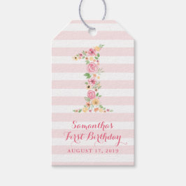 Waterverf Roze Bloemen Een Eerste Verjaardag Cadeaulabel