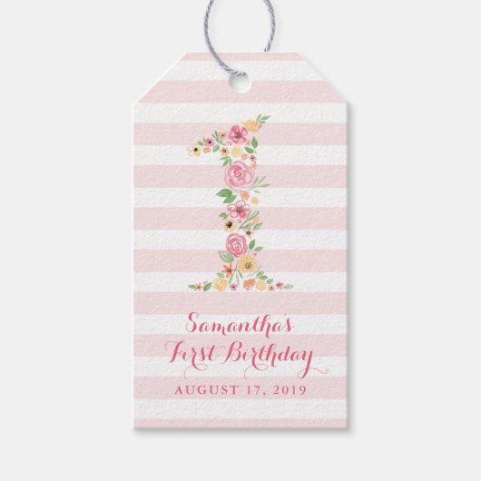 Waterverf Roze Bloemen Een Eerste Verjaardag Cadeaulabel (Voorkant)