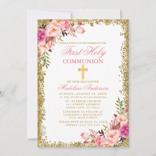 Waterverf Roze Bloemen Eerste Communie Glitter Kaart (Voorkant)