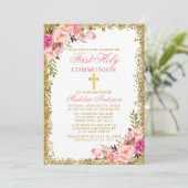 Waterverf Roze Bloemen Eerste Communie Glitter Kaart (Staand voorkant)