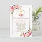 Waterverf Roze Bloemen Eerste Communie Goud Lijst Kaart (Staand voorkant)