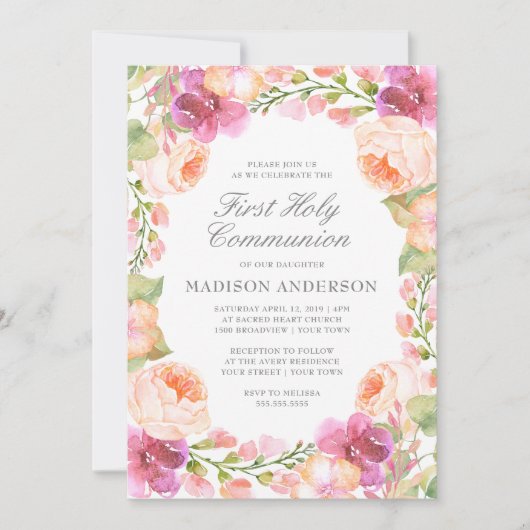 Waterverf Roze bloemen Eerste Heilige Communie Kaart (Voorkant)