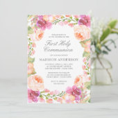 Waterverf Roze bloemen Eerste Heilige Communie Kaart (Staand voorkant)