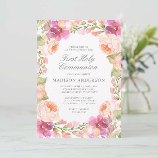 Waterverf Roze bloemen Eerste Heilige Communie Kaart (Staand voorkant)