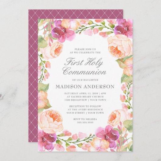 Waterverf Roze bloemen Eerste Heilige Communie Kaart (Voorkant / Achterkant)