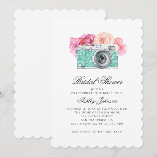 Waterverf roze bloemen en camera vrijgezellenfeest kaart (Voorkant / Achterkant)