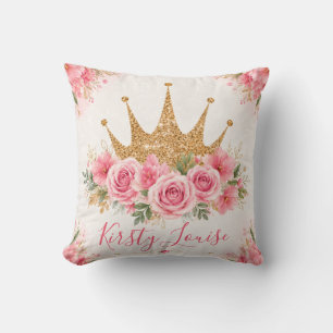 Waterverf Roze Bloemen en Gouden Tiara Kussen