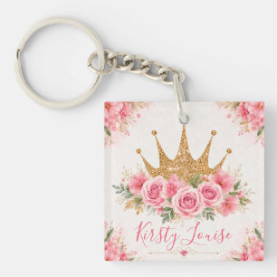 Waterverf Roze Bloemen en Gouden Tiara Sleutelhanger