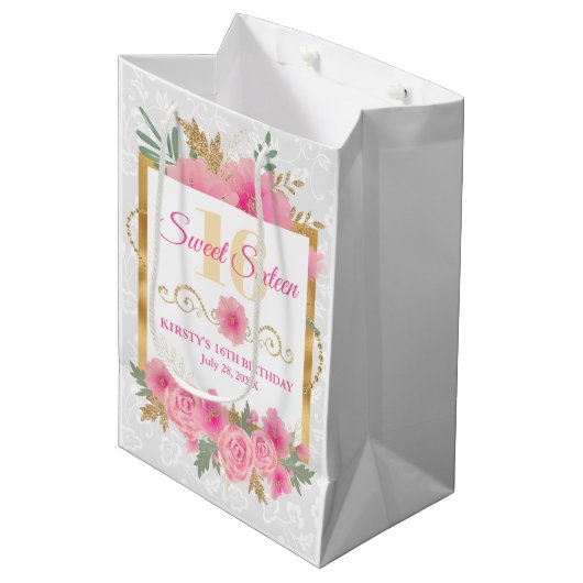 Waterverf Roze bloemen en goudflesjes zoete zestie Medium Cadeauzakje (Voorkant Gekanteld)