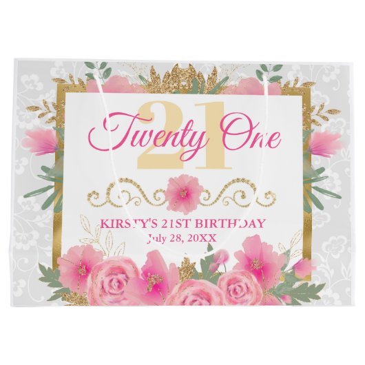 Waterverf Roze bloemen en goudflora op zaterdag Groot Cadeauzakje (Achterkant)