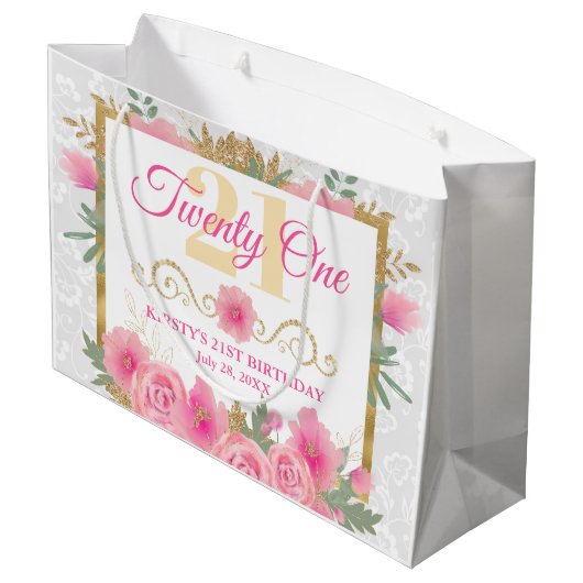 Waterverf Roze bloemen en goudflora op zaterdag Groot Cadeauzakje (Achterkant Gekanteld)