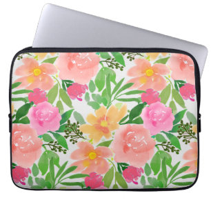 Waterverf roze bloemen en groene bladeren laptop sleeve