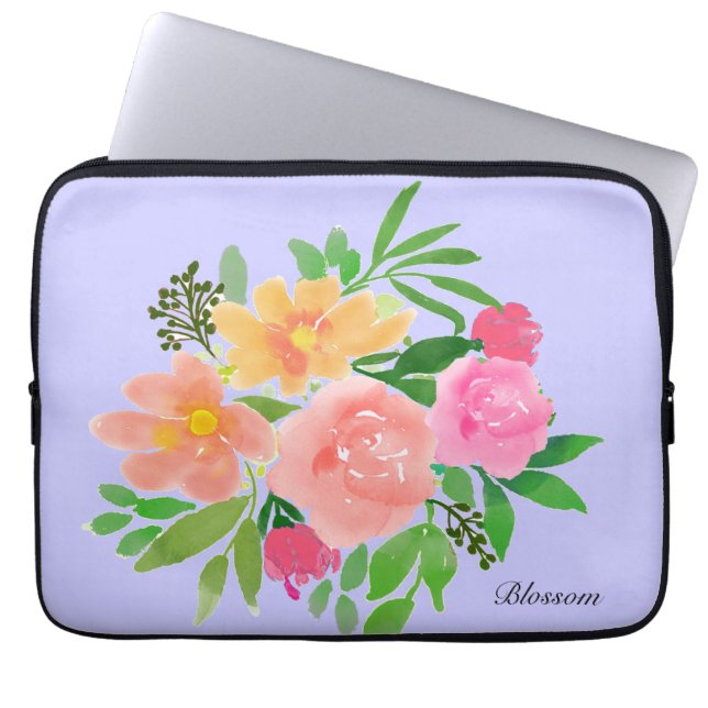 Waterverf roze bloemen en groene bladeren laptop sleeve (Voorkant)