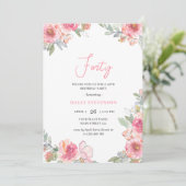 Waterverf Roze Bloemen Forty Boho Chic Verjaardag Kaart (Staand voorkant)