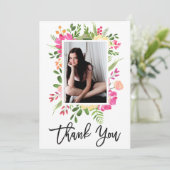 Waterverf Roze Bloemen Fotoscript Dank u kaart (Staand voorkant)
