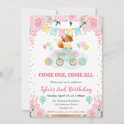 Waterverf Roze Bloemen Fox Kids Verjaardag Kaart (Voorkant)