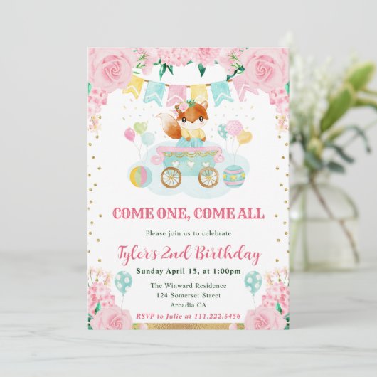 Waterverf Roze Bloemen Fox Kids Verjaardag Kaart (Staand voorkant)