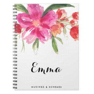Waterverf roze bloemen gepersonaliseerd Notitieboe Notitieboek