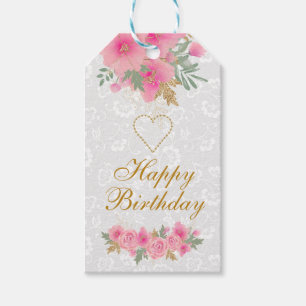 Waterverf Roze bloemen Gold Foil Happy Birthday Cadeaulabel