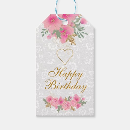 Waterverf Roze bloemen Gold Foil Happy Birthday Cadeaulabel (Voorkant)