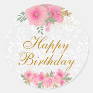 Waterverf Roze bloemen Gold Foil Happy Birthday Ronde Sticker