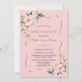 Waterverf Roze bloemen Gold Lijst Sweet Sixteen Kaart