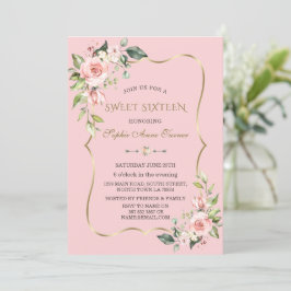Waterverf Roze bloemen Gold Lijst Sweet Sixteen Kaart