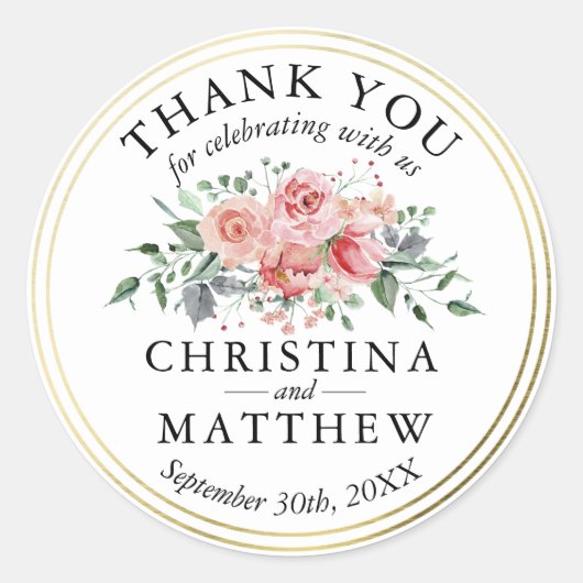 Waterverf Roze Bloemen Goud Bruiloft Dank u Ronde Sticker (Voorkant)