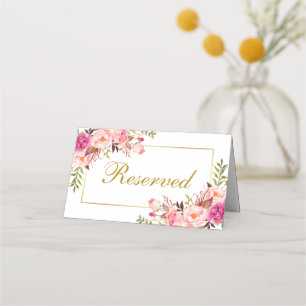 Waterverf Roze Bloemen Goud Bruiloft Gereserveerd Plaatskaartje