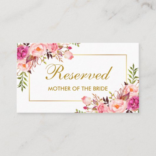Waterverf Roze Bloemen Goud Bruiloft Gereserveerde Plaatskaartje (Voorkant)