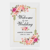 Waterverf Roze Bloemen Goud Bruiloft Welkom Acryl Bord (Voorkant)
