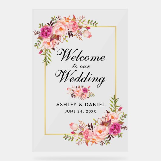 Waterverf Roze Bloemen Goud Bruiloft Welkom Acryl Bord (Voorkant)