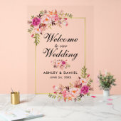 Waterverf Roze Bloemen Goud Bruiloft Welkom Acryl Bord (Huwelijk)