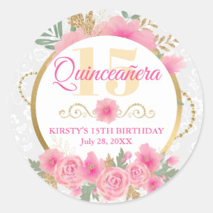 Waterverf Roze Bloemen & Goud Folie Quinceañera Ronde Sticker