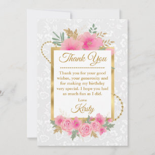 Waterverf Roze Bloemen Goud Folie Sweet Sixteen Bedankkaart
