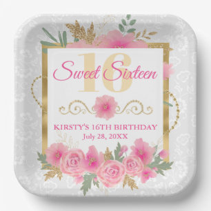 Waterverf Roze Bloemen & Goud Folie Sweet Sixteen Papieren Bordje