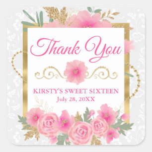 Waterverf Roze Bloemen & Goud Folie Sweet Sixteen Vierkante Sticker