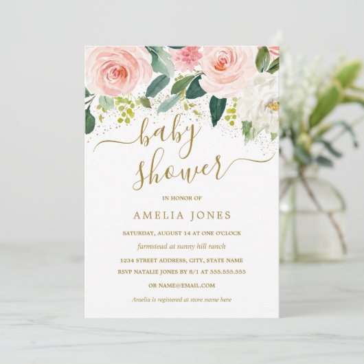 Waterverf Roze Bloemen Goud Glitter Baby shower Kaart (Staand voorkant)