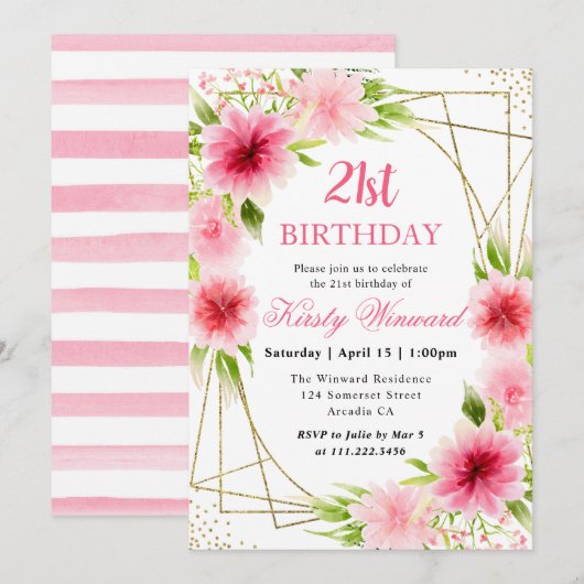 Waterverf Roze Bloemen Goud Lijst 21e Verjaardag Kaart (Voorkant / Achterkant)