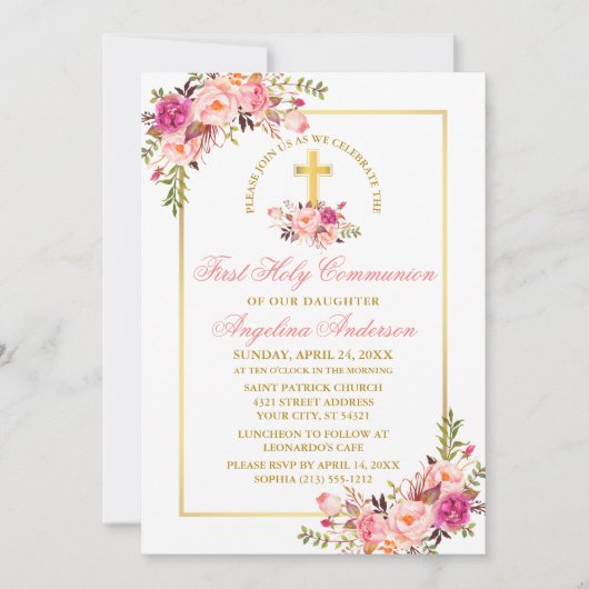 Waterverf Roze Bloemen Goud Lijst Eerste Communie Kaart (Voorkant)