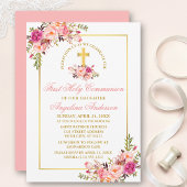 Waterverf Roze Bloemen Goud Lijst Eerste Communie Kaart