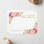 Waterverf Roze Bloemen Goud Lijst Gepersonaliseerd Notitiekaartje (Voorkant / Achterkant in situ)
