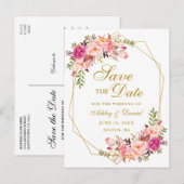 Waterverf Roze Bloemen Goud Lijst Save the Date Aankondigingskaart (Voorkant / Achterkant)