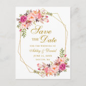 Waterverf Roze Bloemen Goud Lijst Save the Date Aankondigingskaart (Voorkant)