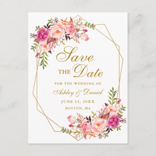 Waterverf Roze Bloemen Goud Lijst Save the Date Aankondigingskaart (Voorkant)