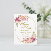 Waterverf Roze Bloemen Goud Lijst Save the Date Aankondigingskaart (Staand voorkant)