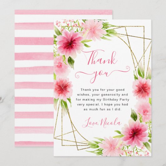 Waterverf Roze Bloemen Goud Lijst Verjaardag Bedankkaart (Voorkant / Achterkant)