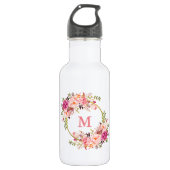 Waterverf Roze Bloemen Goud Monogram Waterfles (Voorkant)